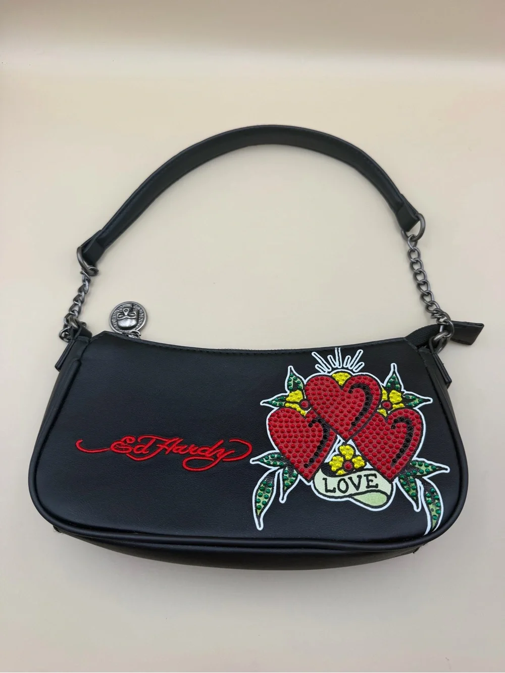 Ed Hardy Love Hearts Rhinestone Black Baguette Shoulder Bag Y2K Tattoo